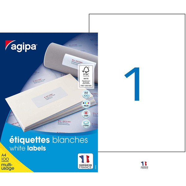 100 Étiquettes Blanches - A4 - 210X297Mm - Multi-Usage - Agipa 119004 pas cher