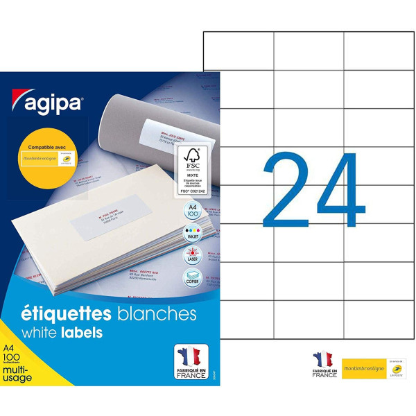 2400 Étiquettes Blanches - A4 - 70X37Mm - Pose Express - Agipa 119015 pas cher