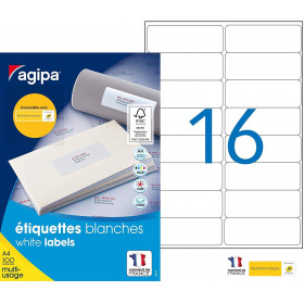1600 Étiquettes Blanches - A4 - 99,1X33,9Mm - Multi-Usage - Agipa 118985 pas cher
