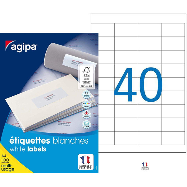 4000 Étiquettes Blanches - A4 - 48,5X25,4Mm - Multi-Usage - Agipa 118991 pas cher