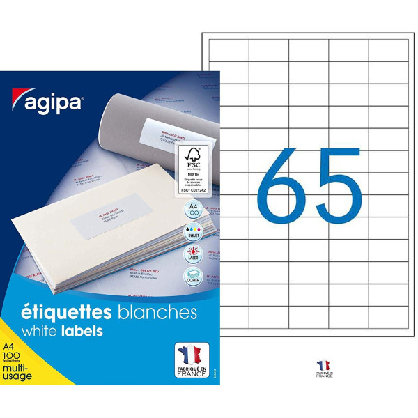 6500 Étiquettes Blanches - A4 - 38X21,2Mm - Agipa 118990 | Surdiscount