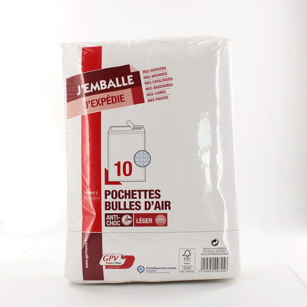 10 pochettes bulles d'air 230x335 mm (G) autocollante - GPV