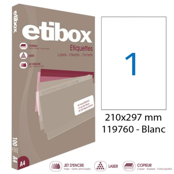 Boite de 100 étiquettes - Format 210x297mm (A4) - Etibox - Apli 119760 pas cher