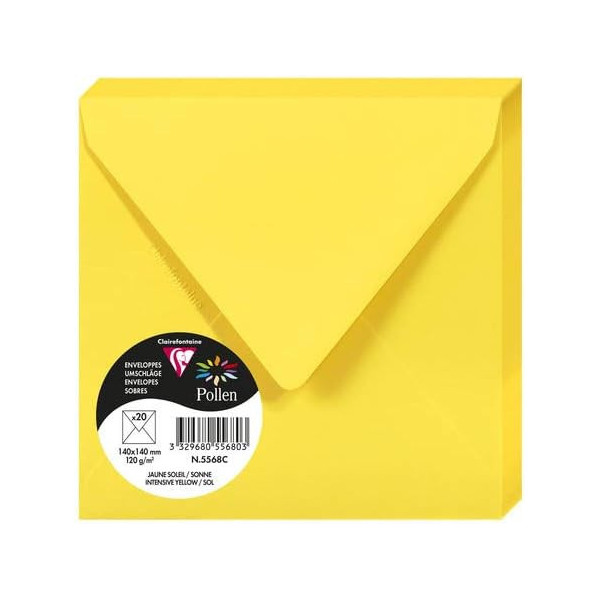 Enveloppes - Carré - 140x140mm - Pollen - Jaune soleil - 20 unités - Clairefontaine