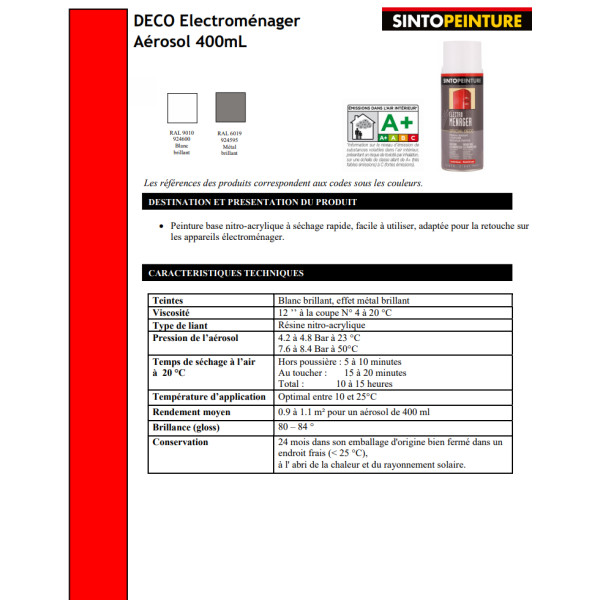 Acheter Bombe de peinture électroménager - Métal - Sinto pas cher