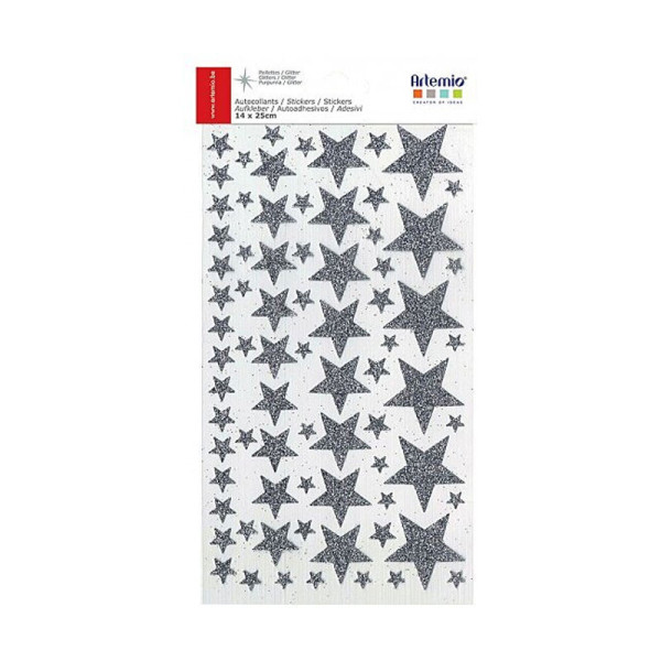 Stickers - Autocollants - Etoiles - Argent pailleté - Assortiment tailles - Artémio