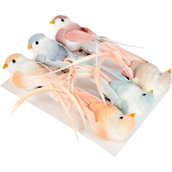 Oiseaux décoratifs - 10cm - 6 pièces - Sur pince - Loisirs créatifs - Déco