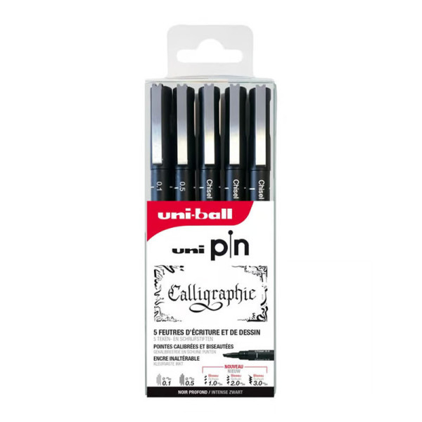 Feutres - Dessin - Calligraphie - Noir - 5 pointes différentes - Uni Pin - Uni-Ball