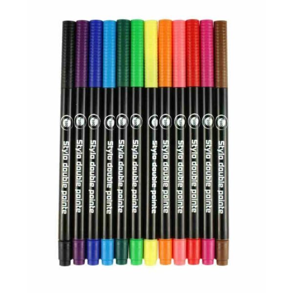 Pochette 12 Stylos Feutres Double Pointes - Ctop pas cher