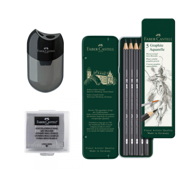 Set 5 crayons graphite + gomme mie de pain + taille-crayons - Faber-Castell - Beaux-arts