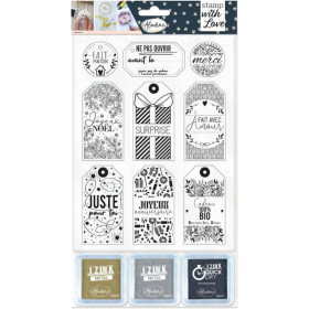 Tampons - Loisirs créatifs - Scrapbooking - Etiquettes cadeaux - 9 pièces + 3 encreurs - Aladine