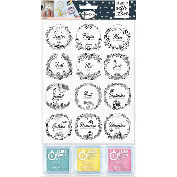 Tampons - Loisirs créatifs - Scrapbooking - Couronnes mois - 12 pièces + 3 encreurs - Aladine