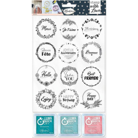 Tampons - Loisirs créatifs - Scrapbooking - Couronnes expressions - 12 pièces + 3 encreurs - Aladine