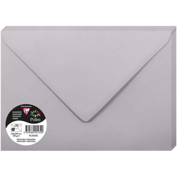 photo - Enveloppes - C5 - 16,2x22,9cm - Pollen - Gris koala - 20 unités - Clairefontaine