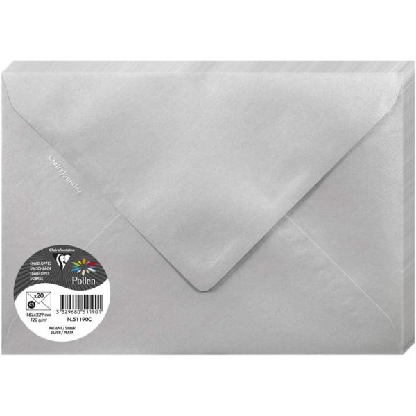 photo - Enveloppes - C5 - 16,2x22,9cm - Pollen - Argent - 20 unités - Clairefontaine