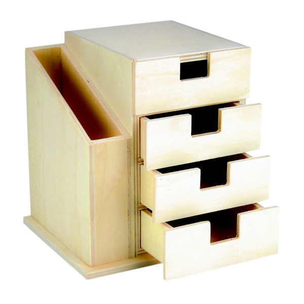 photo - Organiseur de bureau - 4 tiroirs + 1 pot crayon - Bois - A décorer - 15x15,5x12,5cm