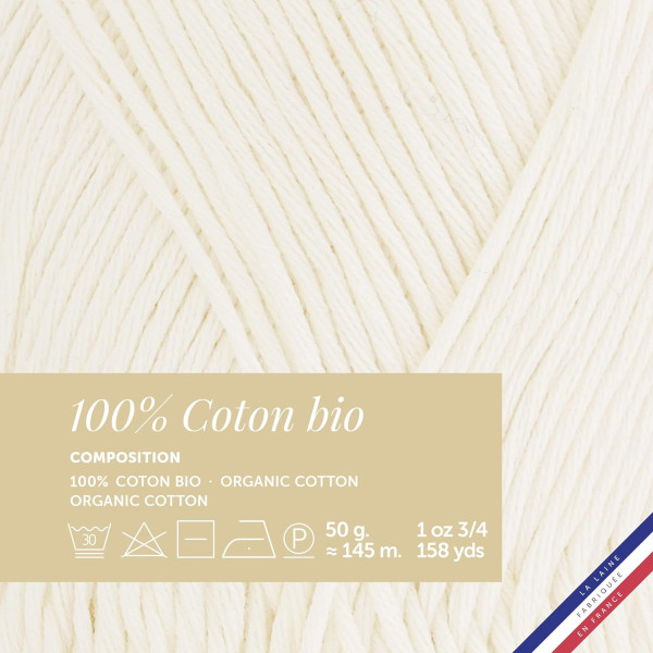 Pelote de laine - Blanc - 100% coton bio - 3mm - Tricot et crochet - Bergère de France