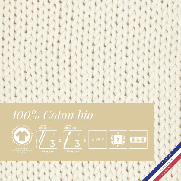 Pelote de laine - Blanc - 100% coton bio - 3mm - Tricot et crochet - Bergère de France