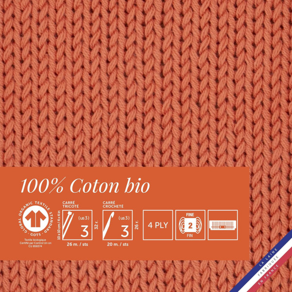 Pelote de laine - Saumon - 100% coton bio - 3mm - Tricot et crochet - Bergère de France