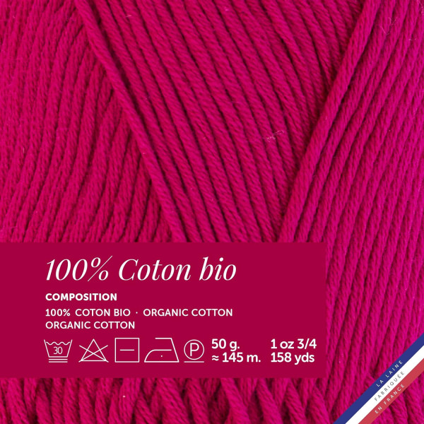 Pelote de laine - Azalée - 100% coton bio - 3mm - Tricot et crochet - Bergère de France