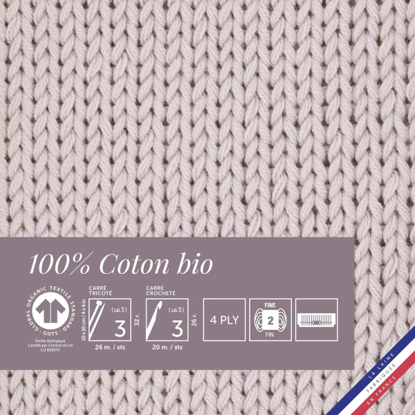 Pelote de laine - Lilas - 100% coton bio - 3mm - Tricot et crochet - Bergère de France