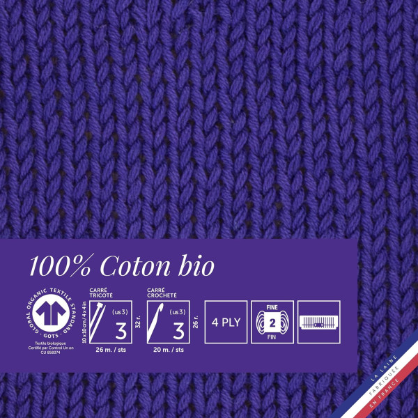 Pelote de laine - Glycine - 100% coton bio - 3mm - Tricot et crochet - Bergère de France
