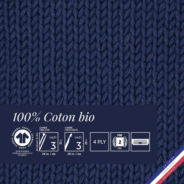 Pelote de laine - Marin - 100% coton bio - 3mm - Tricot et crochet - Bergère de France