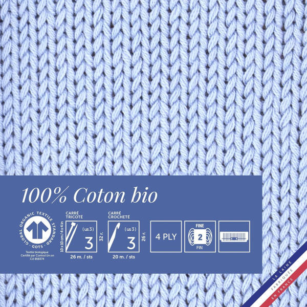 Pelote de laine - Ciel - 100% coton bio - 3mm - Tricot et crochet - Bergère de France