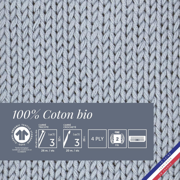 Pelote de laine - Grisou - 100% coton bio - 3mm - Tricot et crochet - Bergère de France