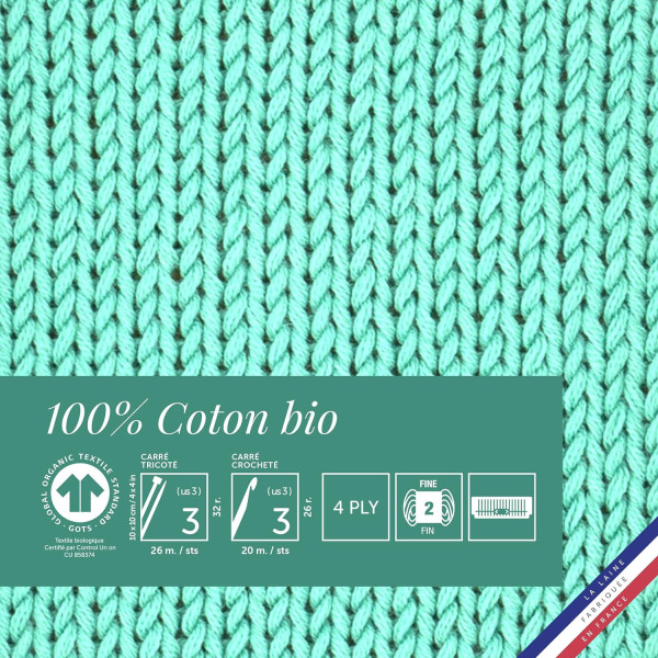 Pelote de laine - Algue - 100% coton bio - 3mm - Tricot et crochet - Bergère de France