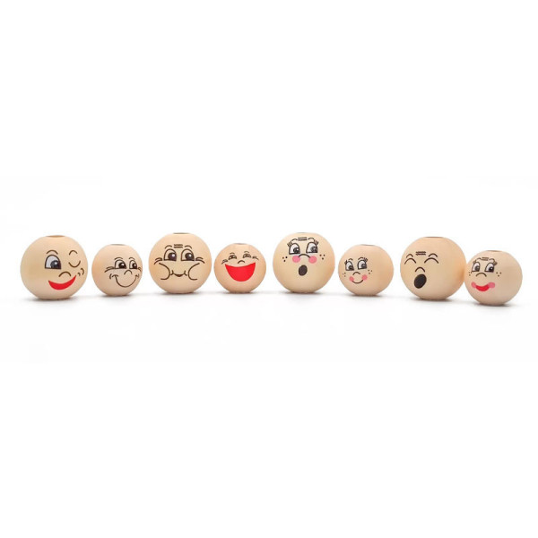 photo - Perles - Bois - Visage de personnage - Smiley - 8 pièces - Enfant - Loisirs créatifs