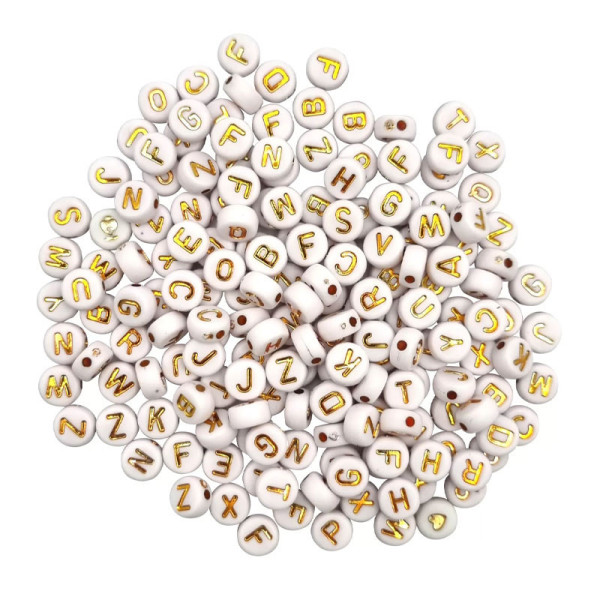 photo - Perles - Rondes - Lettres - Blanc et or - Pour bijoux, collier, bracelet