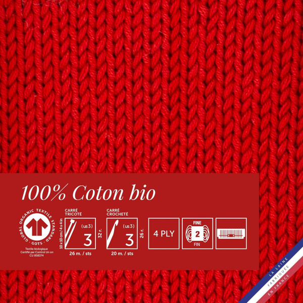 10 pelotes de laine - Vermeille - 100% coton bio - 3mm - Tricot et crochet - Bergère de France
