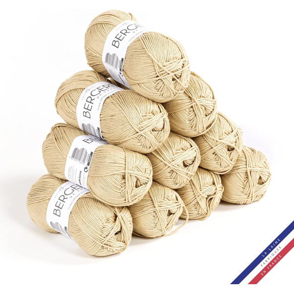 10 pelotes de laine - Sable - 100% coton bio - 3mm - Tricot et crochet - Bergère de France