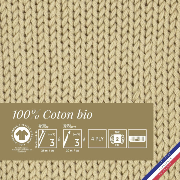 10 pelotes de laine - Sable - 100% coton bio - 3mm - Tricot et crochet - Bergère de France