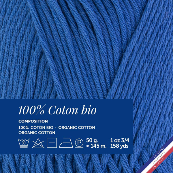 10 pelotes de laine - Royal - 100% coton bio - 3mm - Tricot et crochet - Bergère de France