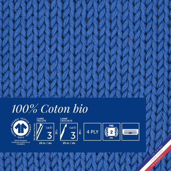 10 pelotes de laine - Royal - 100% coton bio - 3mm - Tricot et crochet - Bergère de France
