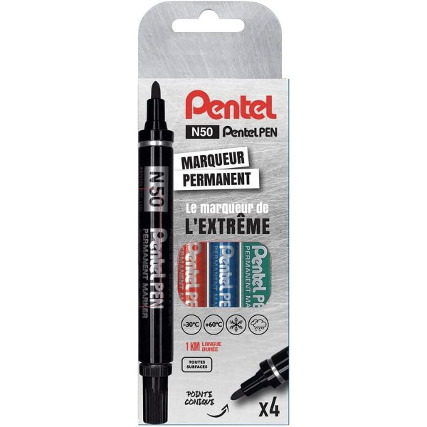 photo - Pochette de 4 marqueurs - Permanent - Pointe ogive - Toutes surfaces - Pentel - Maxiflo