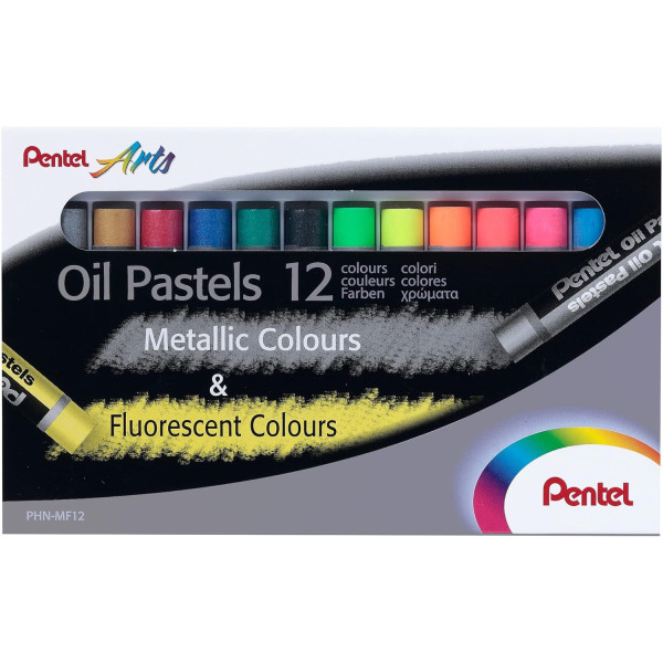 photo - Boite de 12 Pastels à l'huile - Métallisé - Fluorescent - Pentel Art