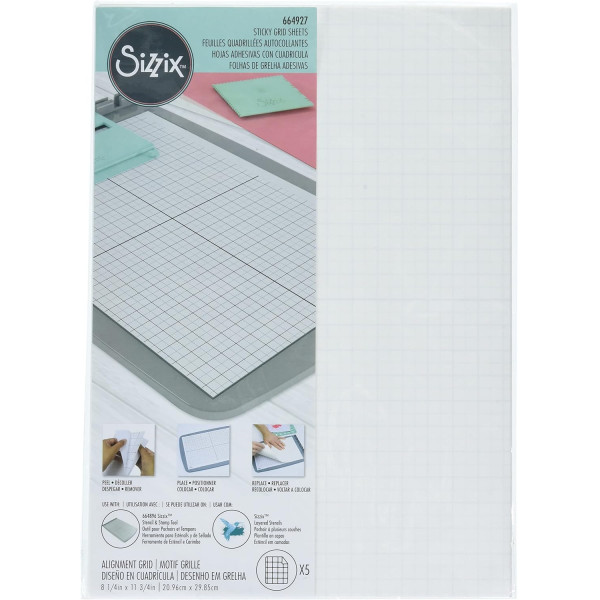 Feuilles quadrillées - Autocollantes - Pour pochoirs, tampons - A4 - 5 feuilles - Sizzix
