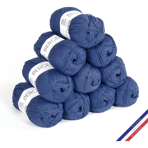 10 pelotes de laine - Marin - 100% coton bio - 3mm - Tricot et crochet - Bergère de France