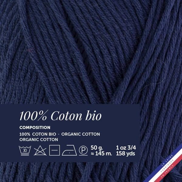 10 pelotes de laine - Marin - 100% coton bio - 3mm - Tricot et crochet - Bergère de France