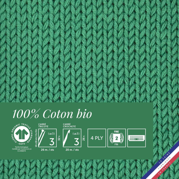 10 pelotes de laine - Gazon - 100% coton bio - 3mm - Tricot et crochet - Bergère de France