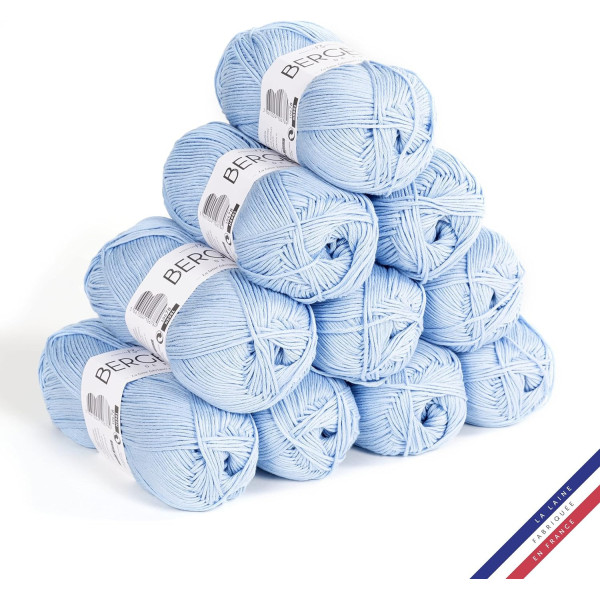 phoot-10 pelotes de laine - Ciel - 100% coton bio - 3mm - Tricot et crochet - Bergère de France