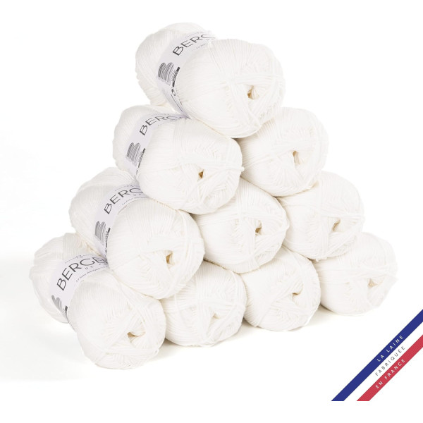 10 pelotes de laine - Blanc - 100% coton bio - 3mm - Tricot et crochet - Bergère de France
