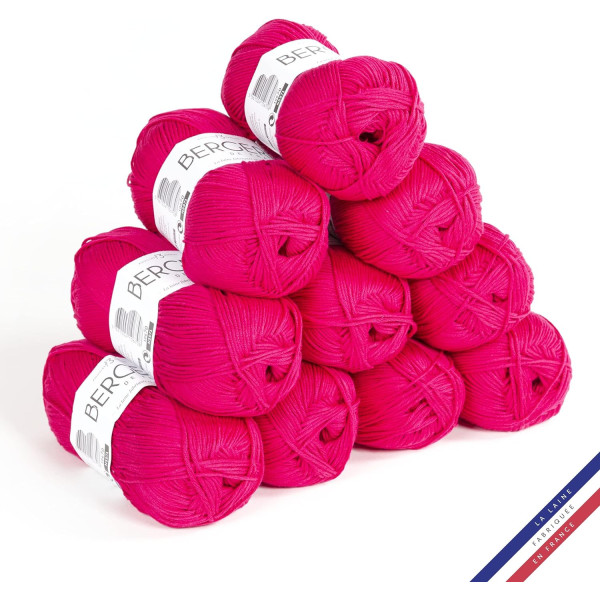 Lot de 10 pelotes de laine - Azalée - 100% coton bio - 3mm - Tricot et crochet - Bergère de France