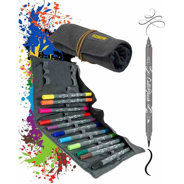 photo - Feutres - Calligraphie - Double pointe - 2mm et pinceau - 11 couleurs - Trousse -Online