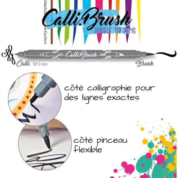 Feutres - Calligraphie - Double pointe - 2mm et pinceau - 11 couleurs - Trousse -Online