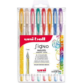 photo - Stylos roller - Encre gel - Couleurs pailletées - Mine 1mm - 8 teintes - Uni-Ball