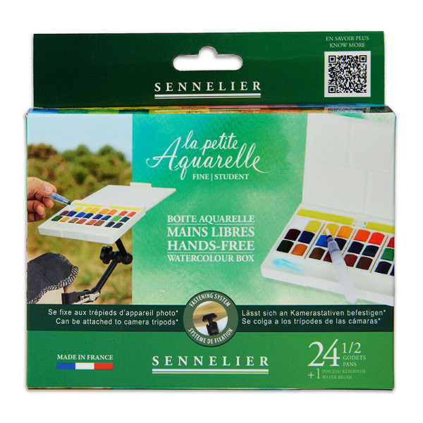 photo-Peinture aquarelle - Fine - Boîte 24 demi-godets - Sennelier - La petite aquarelle - Mains libres